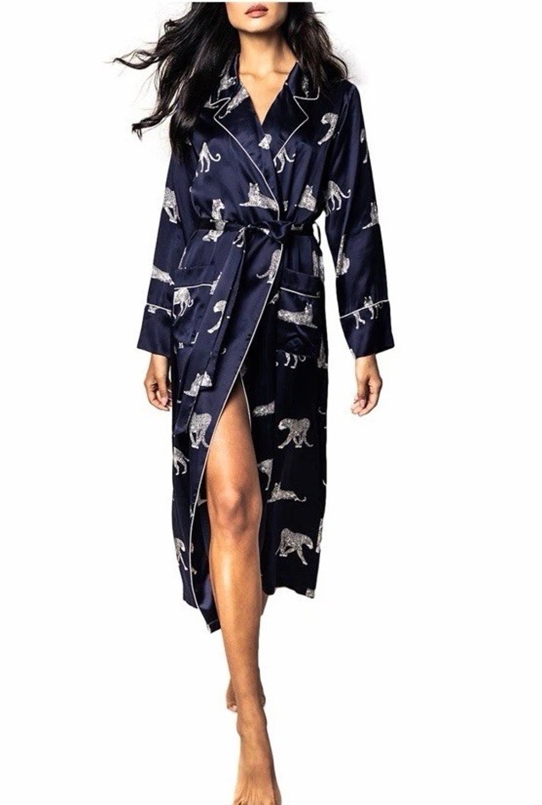 Petite Plume Panthre De Nuit Printed Mulberry Silk Robe Sz S Nwt $268